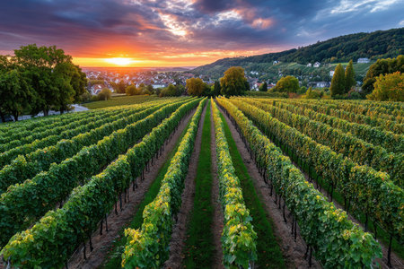Lush vineyard rows at sunset, overlooking a charming town nestled amidst rolling hillsの写真素材