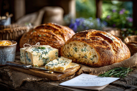 Freshly baked artisan bread and blue cheese are arranged on a rustic wooden tableの写真素材