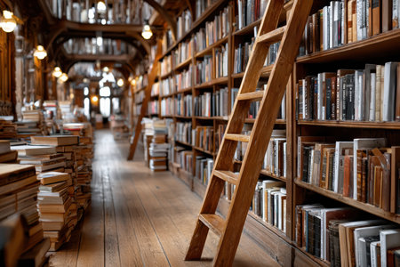 A wooden ladder leans against tall shelves of books in a spacious, softly lit historic library.の写真素材