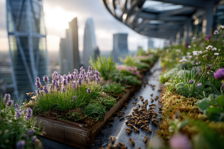 Bees pollinate flowers on a rooftop garden overlooking a city skylineの写真素材