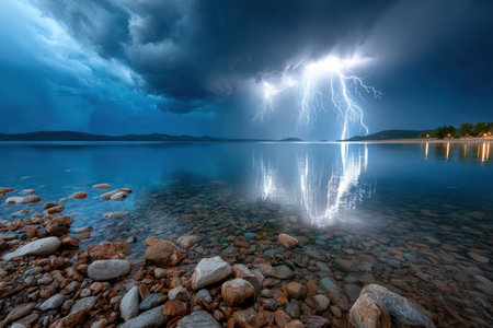 Lightning illuminates a rocky lake shore at twilight under a stormy skyの写真素材
