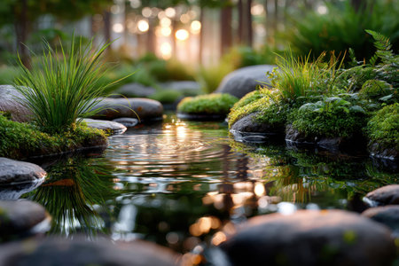 A small pond with ripples reflects the golden sunset light in a lush forestの写真素材