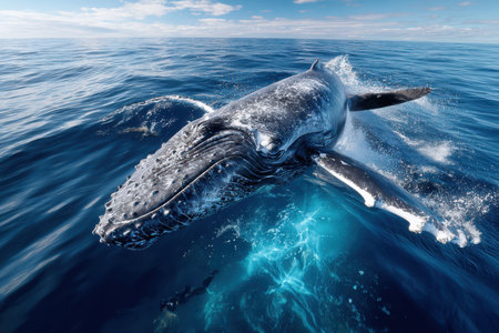 A humpback whale swims near the surface with various visible belowの写真素材