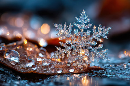 A delicate snowflake rests on a leaf adorned with water dropletsの素材