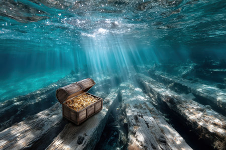 A surreal, underwater shot of a sunken ship, taken with a wide-angle lens, creating a sense of haunting beauty and forgotten history, with a single beam of sunlight illuminating a treasure chestの写真素材