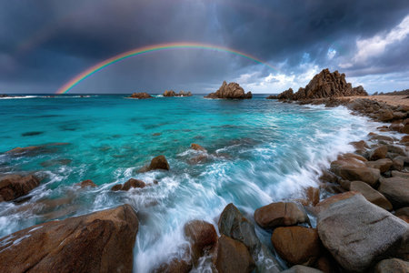 Turquoise ocean waves crash against a rocky shore beneath a rainbowの写真素材