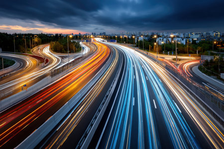 Light trails from cars on a busy highway at duskの写真素材