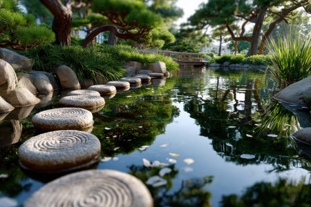Stepping stones lead across a tranquil pond in a Japanese gardenの写真素材
