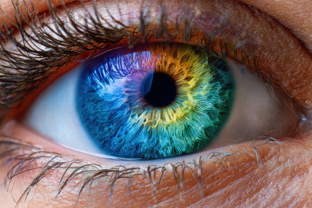 Close-up of an eye reveals striking blue and green colors, showing detailed patterns of the iris.の写真素材