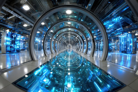 A panoramic shot of a futuristic data center, under cool blue lights, shot with a fisheye lens, representing the digital ageの写真素材