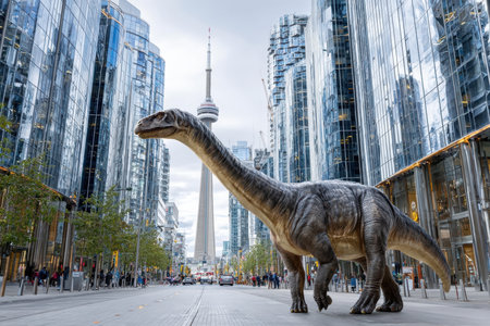 A large dinosaur slowly moves through a modern city street lined with glass buildings, with the CN Tower visible.の写真素材