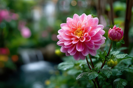 A pink dahlia flower with dew drops blooms in a gardenの写真素材