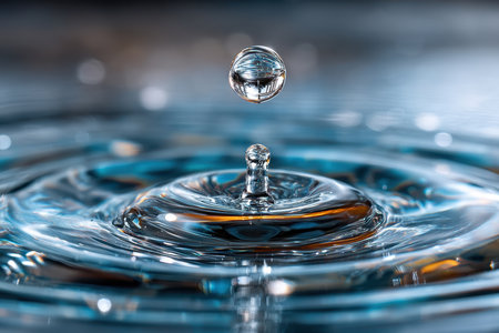 Closeup of a water droplet impacting a still water surfaceの写真素材