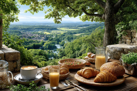 Enjoying a delightful breakfast on a terrace surrounded by lush greenery and beautiful views of rolling hills.の写真素材
