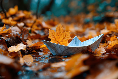 A delicate paper boat floats among vibrant autumn leaves in a quiet stream, showing nature's beauty.の写真素材