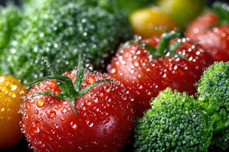 Closeup of fresh tomatoes and broccoli with water dropletsの写真素材