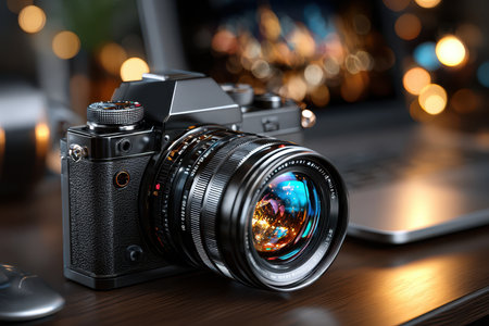 A camera rests on a desk next to a laptop, with bokeh lights in the backgroundの写真素材