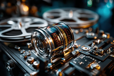 Vintage tape machine close-up, showing a reel and intricate components of classic audio technology.の写真素材