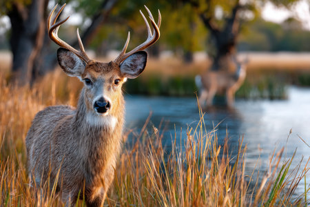 A deer with antlers stands near a body of water with tall grassの写真素材