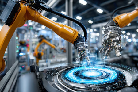 Robotic arms working on a car part in a modern factory settingの写真素材