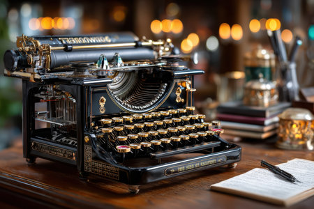 An antique typewriter sits on a wooden desk next to a notebook and penの写真素材