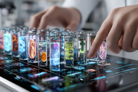 Research scientist analyzes vibrant test tubes displaying various organ models on a digital screen.の写真素材
