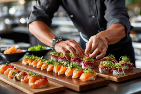 A chef carefully garnishes rows of sushi rolls on wooden boardsの写真素材