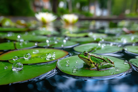 A green frog sits on a lily pad in a tranquil pondの写真素材
