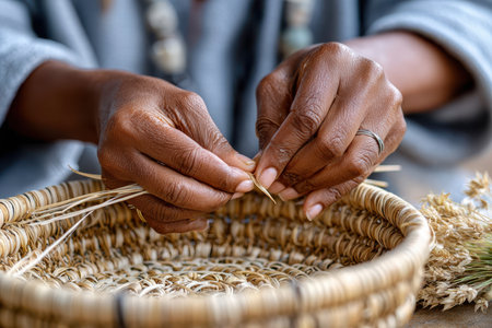 Hands expertly weave dried grass to create a beautiful, handcrafted basket in a tranquil environment.の写真素材
