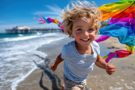 Child with curly hair runs on the beach, laughing and holding colorful kites under clear blue skies.の素材