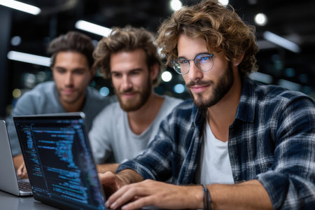 Young men with a variety of hairstyles and styles focus on coding together at a shared workspace late at night.の素材