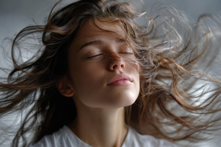 A woman is experiencing a peaceful moment with her eyes closed, hair flowing and gently moving in the air.の素材
