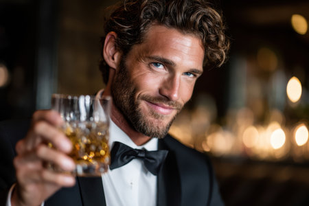 A stylish man raises a glass of whiskey, showing a confident smile in an elegant setting at night.の素材
