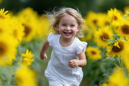 A little girl with curly hair runs playfully among bright sunflowers, displaying pure happiness in the sunshine.の素材