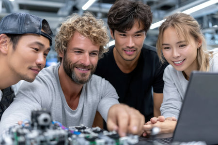 Four young professionals enthusiastically engage around a laptop in a modern workshop, discussing a project.の素材