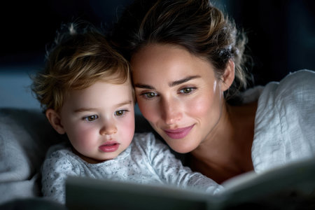 A young mother and her child enjoy reading a book together in a cozy home atmosphere during dusk.の素材