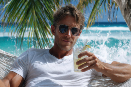 Man lounges on a beach chair with a drink, overlooking the ocean waves and palm trees on a sunny day.の素材