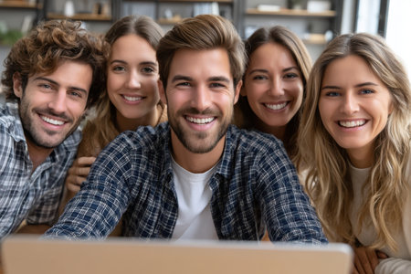 Five friends pose together with cheerful expressions, enjoying each other's company in a bright cafe.の素材