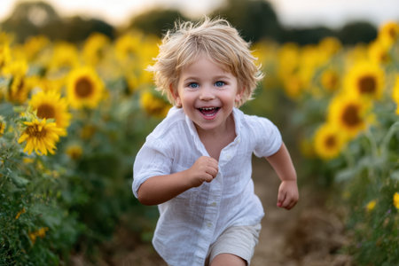 A joyful child with curly hair runs through a field of sunflowers, capturing a moment of pure delight.の素材
