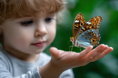A curious child with curly hair admires a butterfly resting on her open palm in a lush garden.の素材