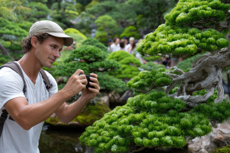 A visitor admires and photographs detailed bonsai trees amidst a beautifully landscaped garden during daytime.の素材
