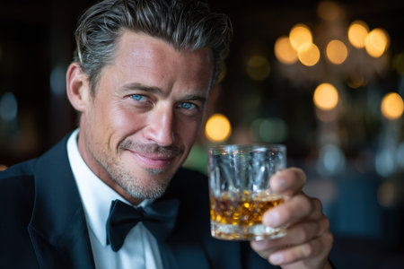 A stylish man in formal attire raises a glass of whiskey while smiling, surrounded by a cozy ambiance.の素材