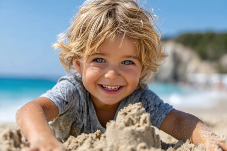 A young child is joyfully playing with sand at the beach, building a sandcastle. The ocean shimmers in the background.の素材