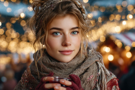 A young woman with bright eyes holds a warm drink, smiling amid twinkling lights at a winter market.の素材