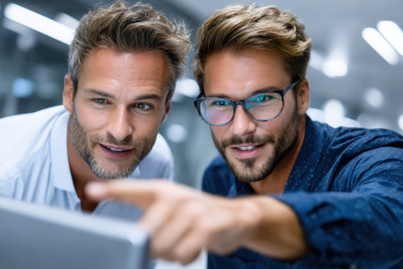 Two young professionals collaborate and share insights while looking at a tablet in an office.の素材