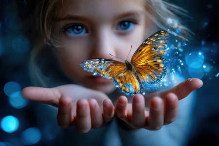 A young girl gazes in wonder at a bright butterfly hovering above her open palm in a magical night environment.の素材