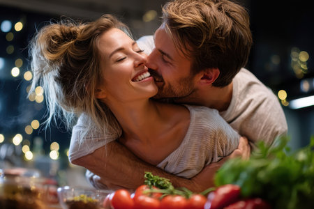 Couple expresses love and happiness while cooking in a warm kitchen, surrounded by fresh vegetables and lights.の素材
