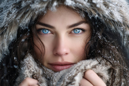 Young woman with blue eyes and dark hair wrapped in a warm scarf, enjoying snowy winter weather.の素材