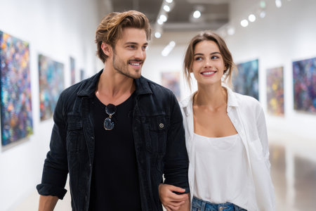 A young couple walks through a contemporary art gallery, smiling and admiring the vibrant artworks.の素材