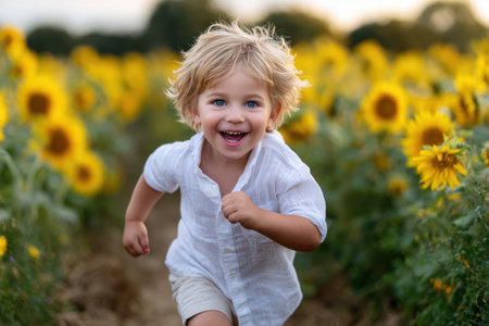 A joyful child with curly hair runs through a field of sunflowers, capturing a moment of pure delight.の素材